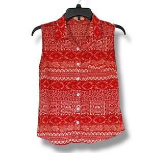 Tulle Anthropologie Sleeveless Button Up Top Red White Western Print XS